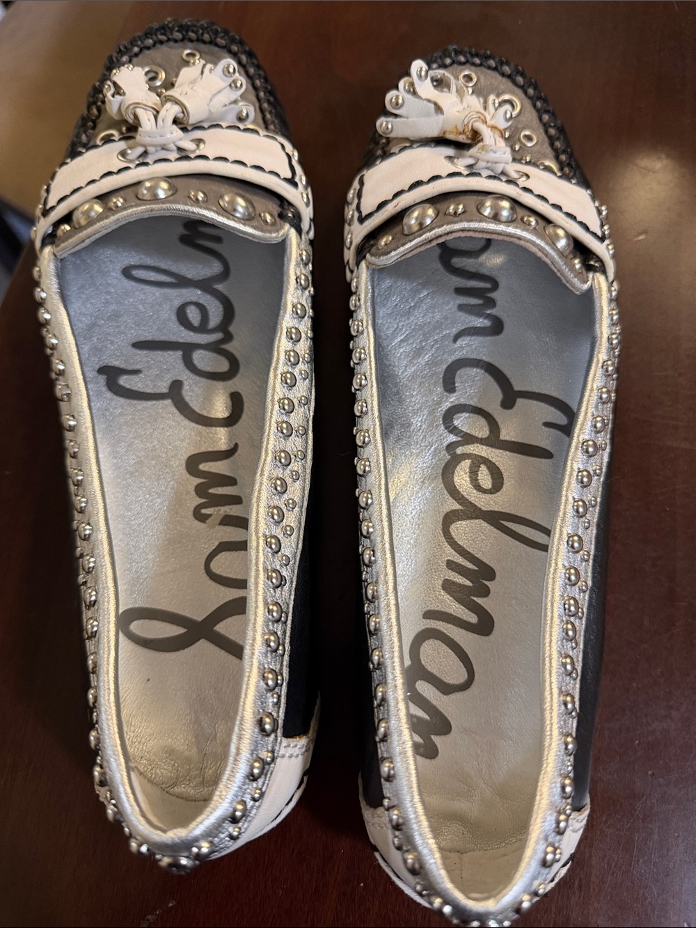 Sam Edelman Silver and White Studded Tassel Loafers